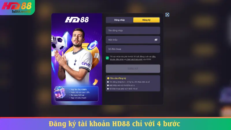 Đăng ký tài khoản HD88 chỉ với 4 bước đơn giản